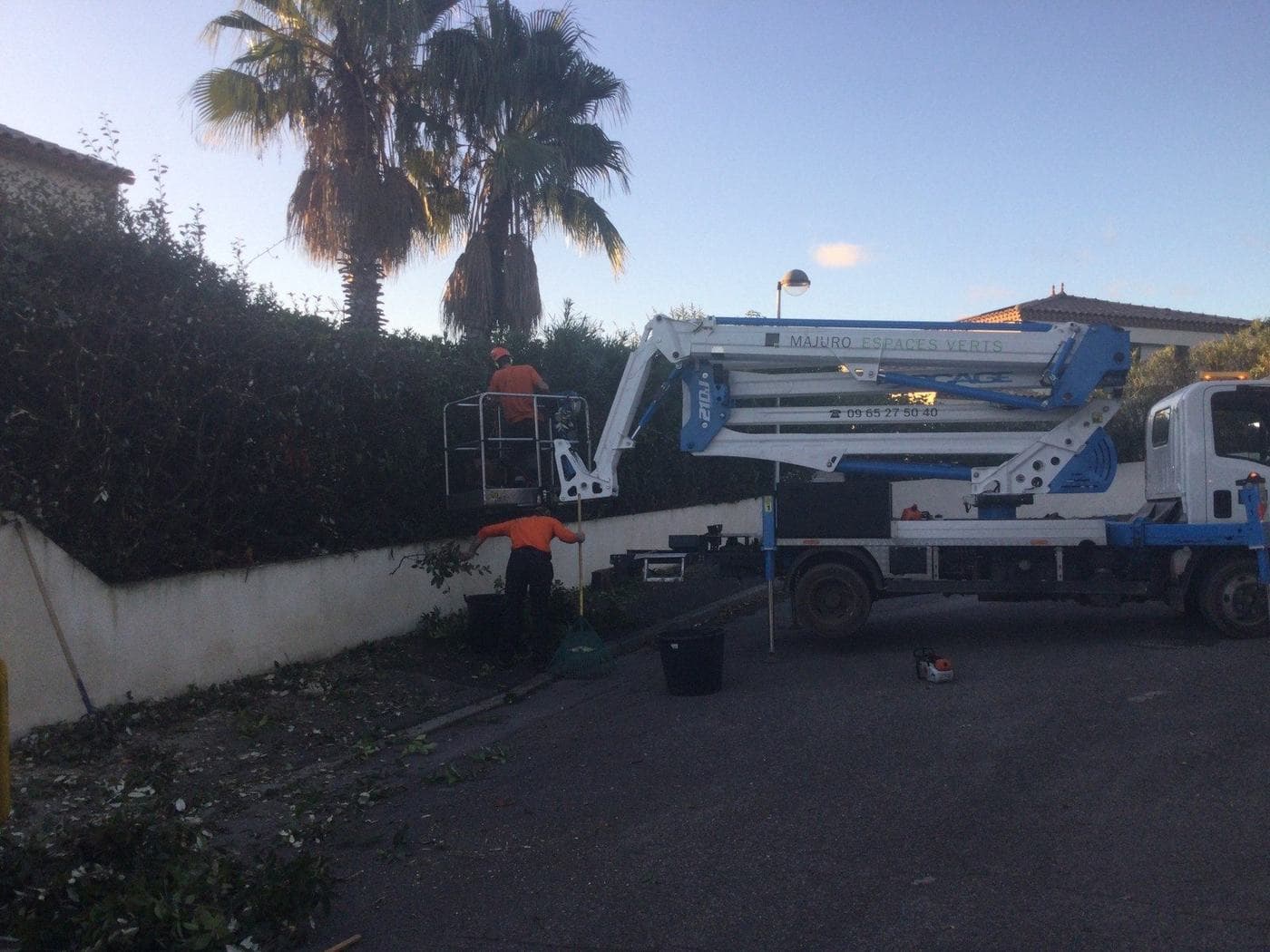 Nacelle Majuro déployée en fin de journée le long d’une grande haie à rabattre, équipe au travail au sol