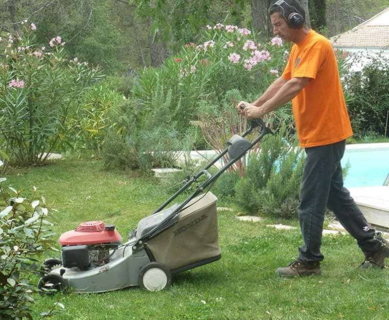 Jardinier Majuro tondant une pelouse au bord d’une piscine, lauriers-roses en fleurs